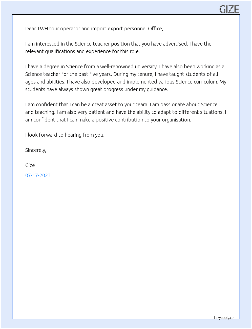 Science teacher  At TWH tour operator and import export Cover Letter