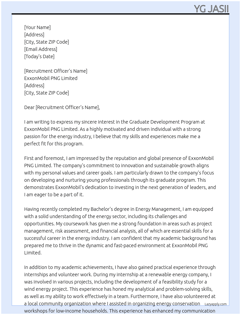 Graduate Development Program At ExxonMobil PNG Limited Cover Letter