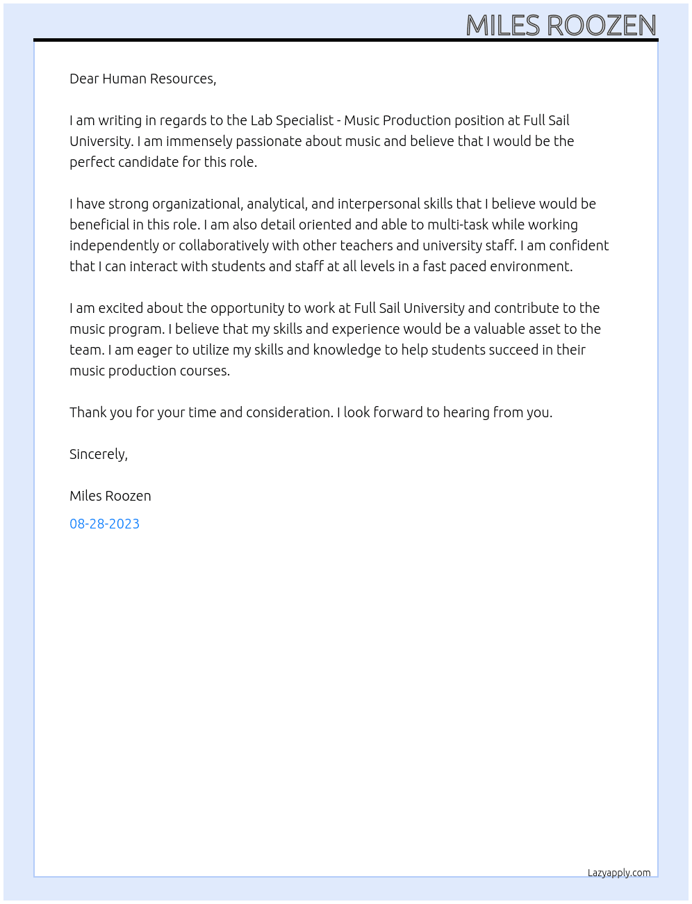 Lab Specialist - Music Production At Full Sail University Cover Letter