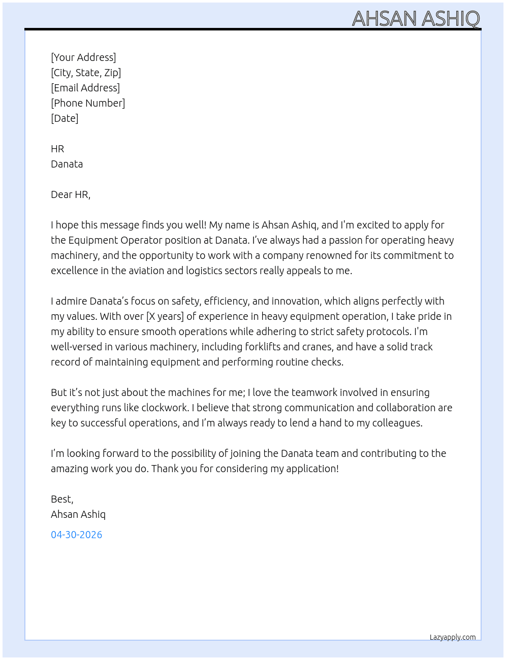 equipment operator At danata  Cover Letter