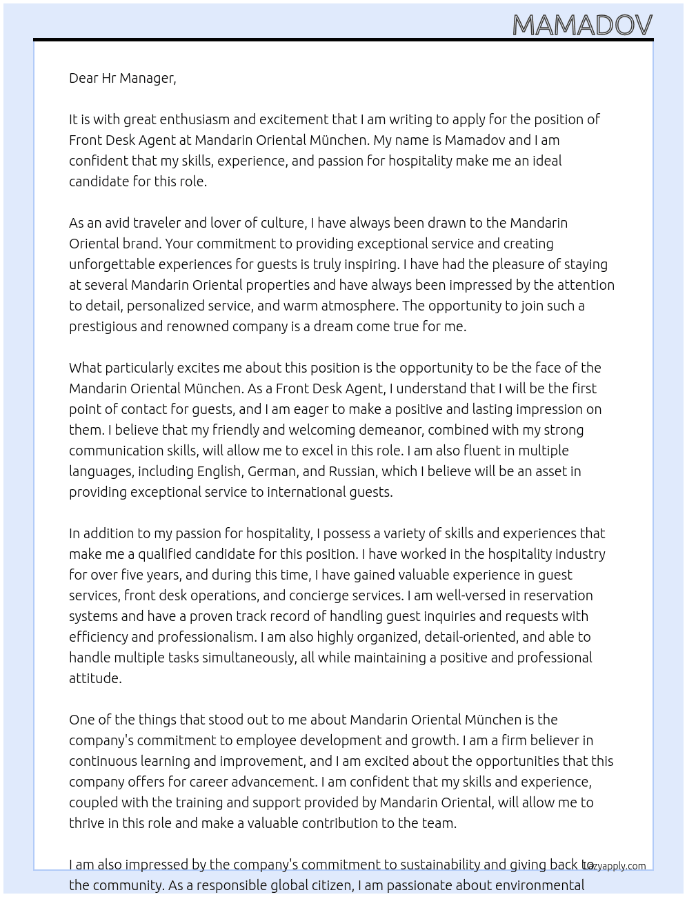 Front Desk Agent At Mandarin Oriental München Cover Letter