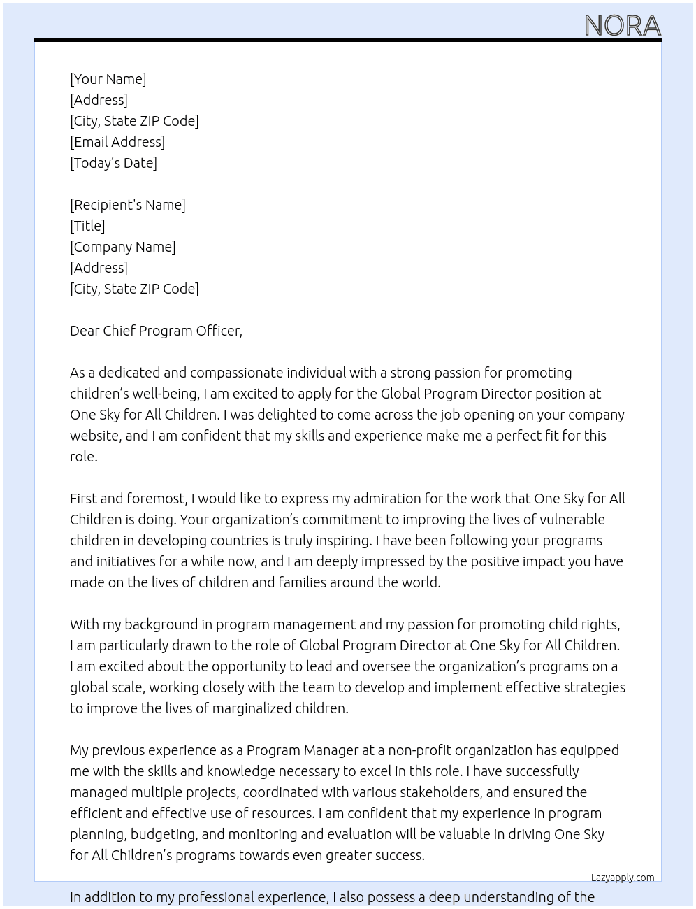 Global Program Director At One sky for all children  Cover Letter