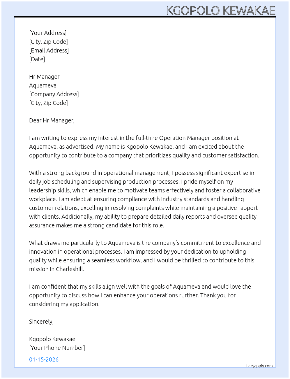 Operation Manager At Aquameva Cover Letter