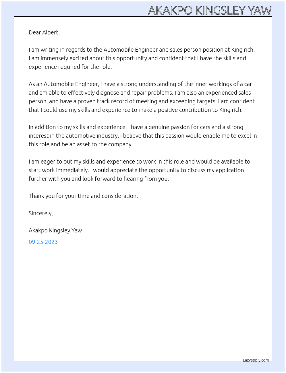 Automobile Engineer and sales person  At King rich Cover Letter