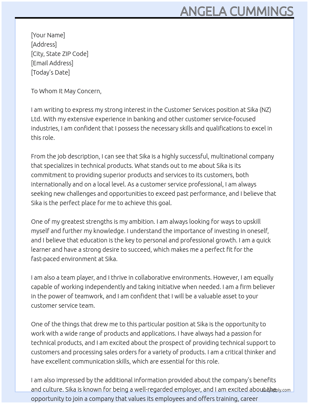 Customer Services At Sika (NZ) Ltd Cover Letter