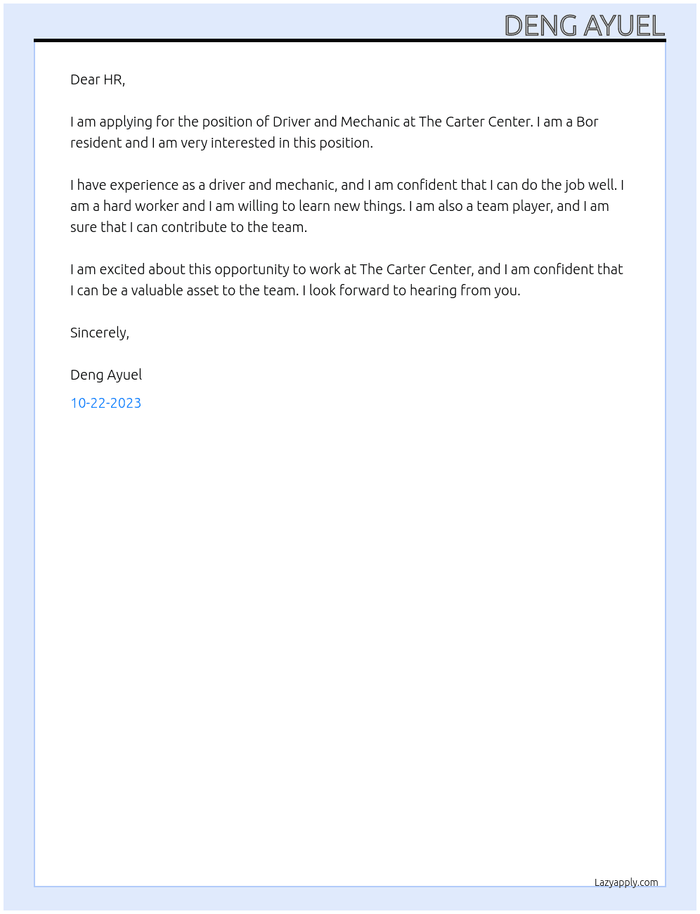Driver and mechanic At The Carter Center Cover Letter