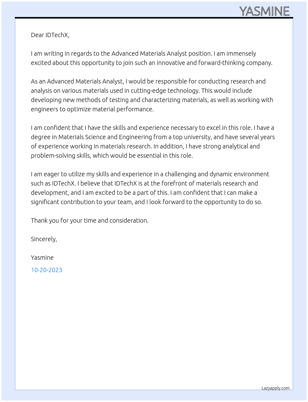 Advanced Materials Analyst At IDTechX Cover Letter