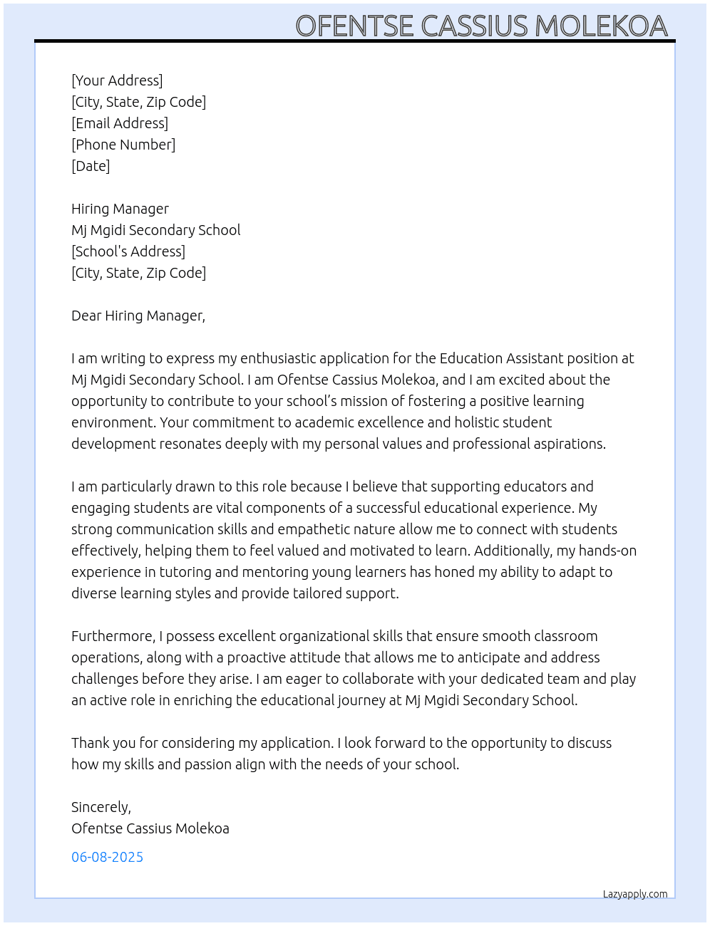 Education Assistant  At Mj mgidi secondary school  Cover Letter