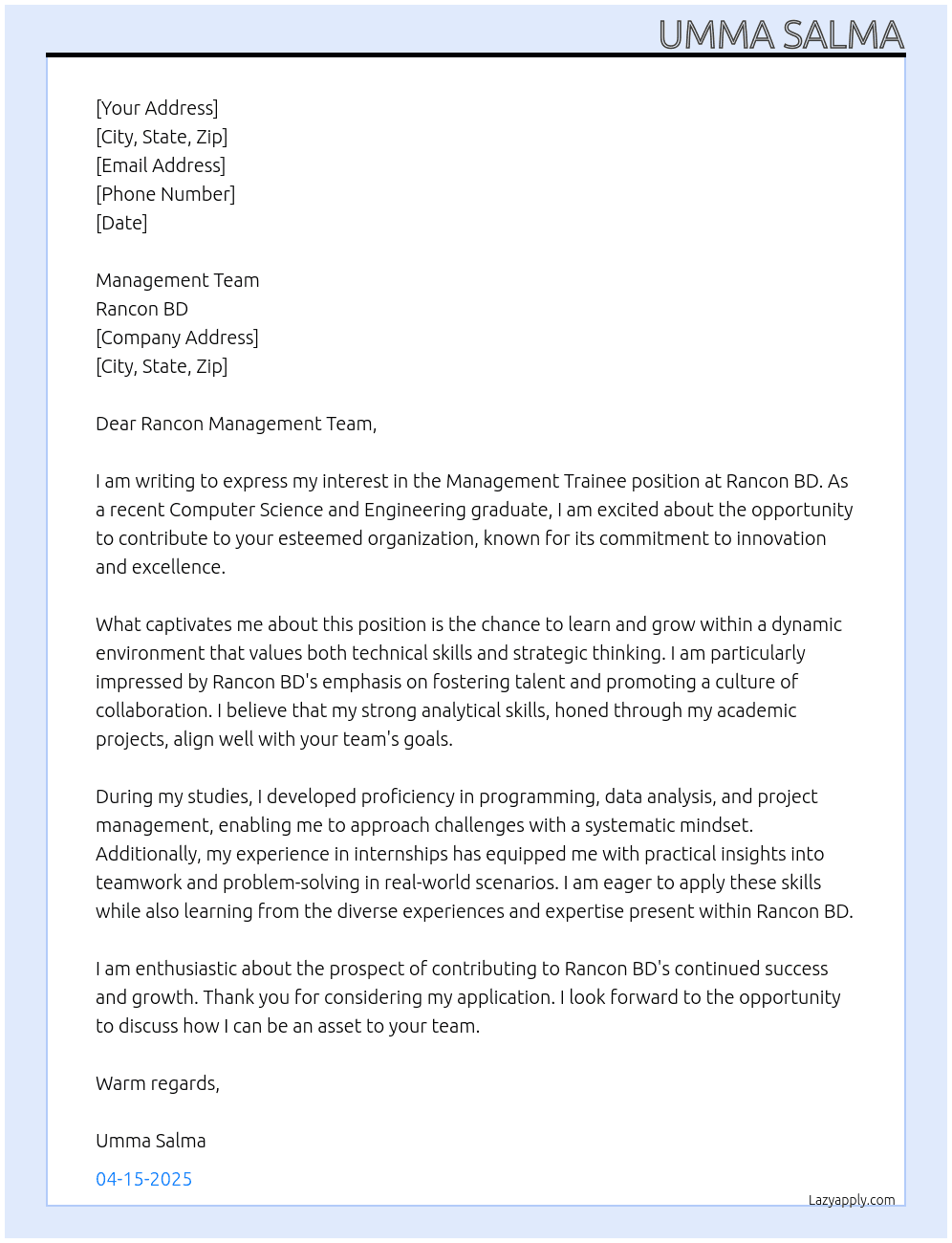 Management Trainee At Rancon bd Cover Letter