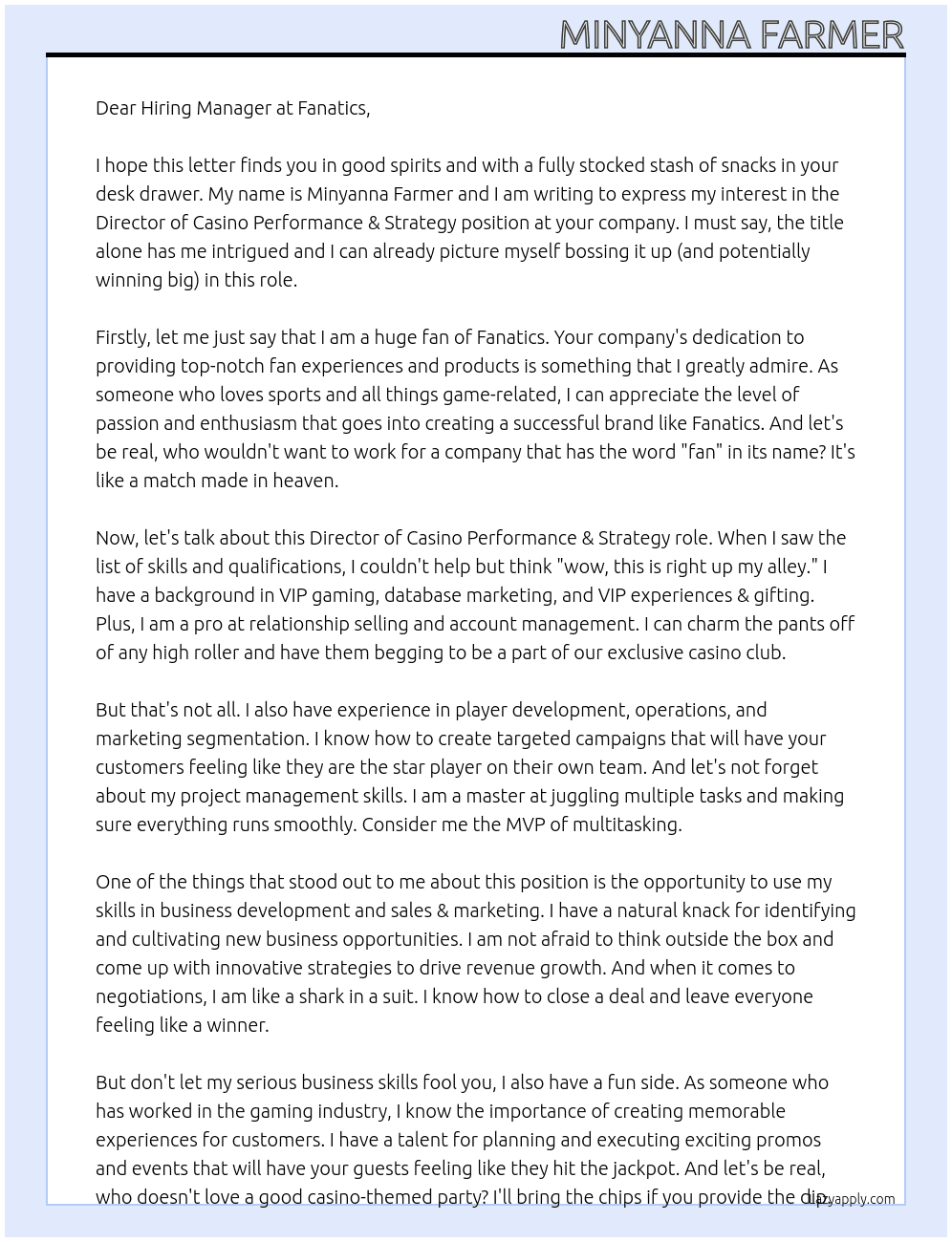 Director of Casino Performance & Strategy At Fanatics Cover Letter