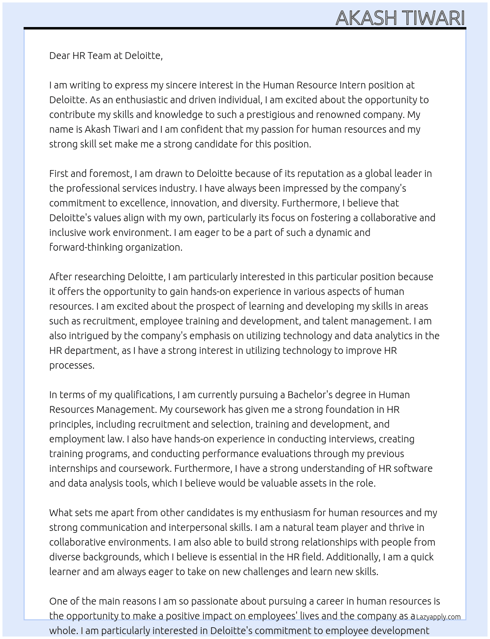 Human Resource Intern At Deloitte Cover Letter