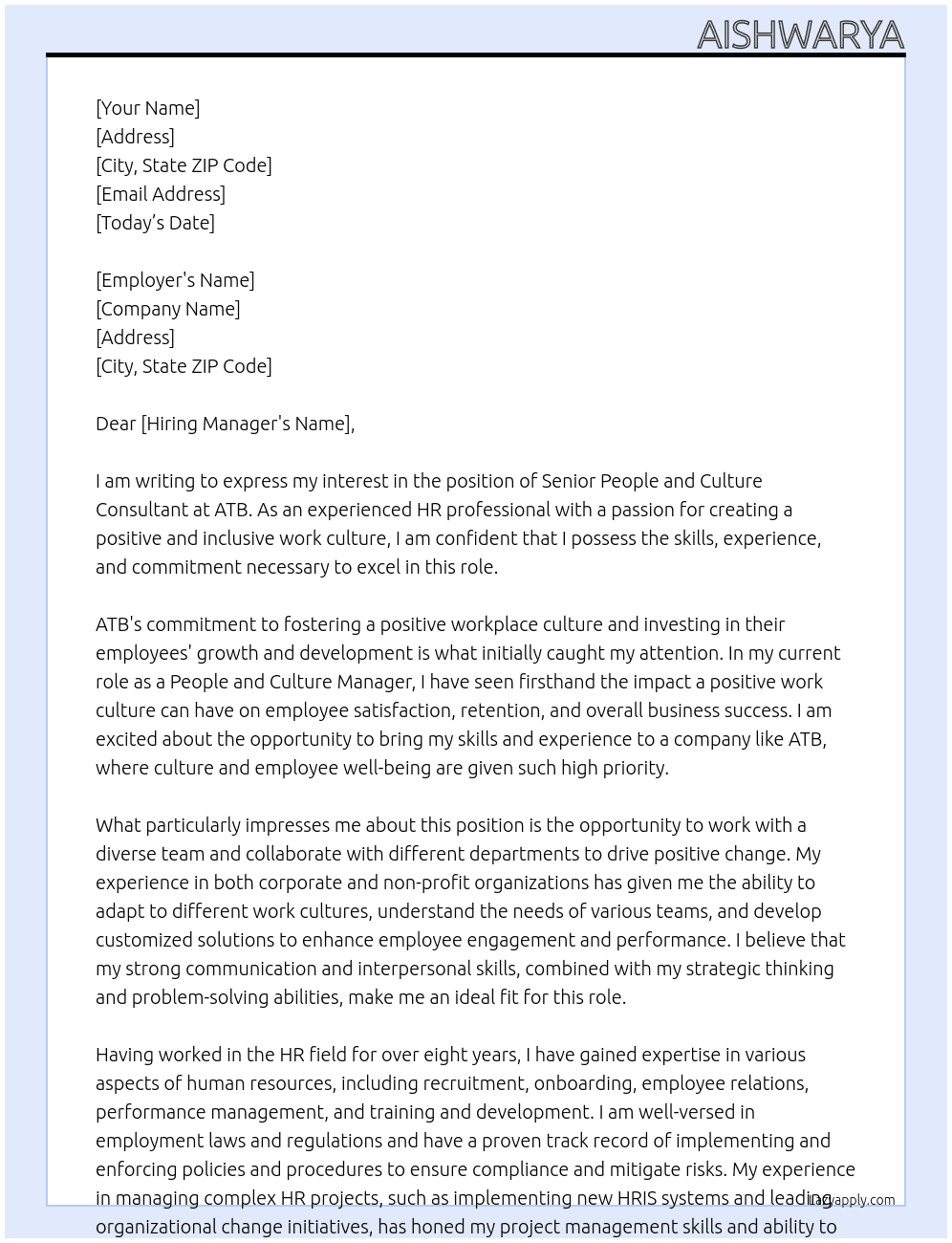Senior People and Culture Consutant At ATB Cover Letter