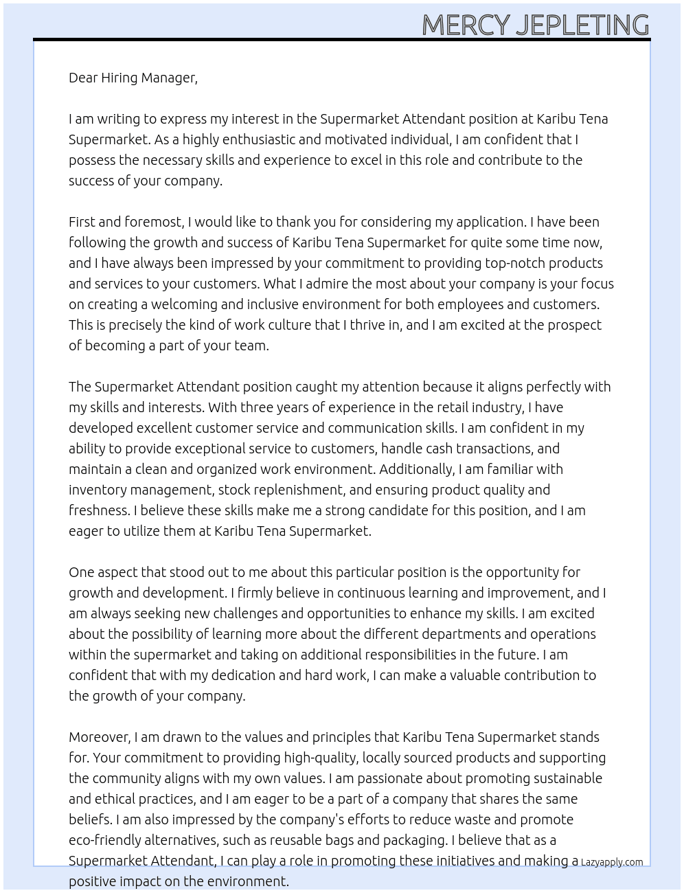Supermarket Attendant At Karibu Tena Supermarket Cover Letter