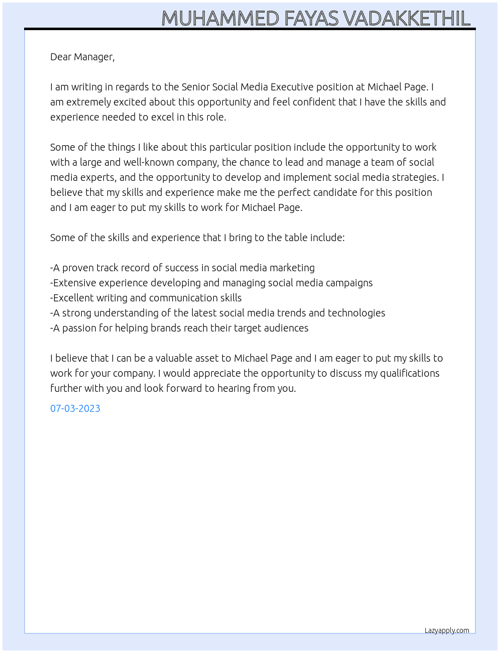 Senior social media executive  At Michael page Cover Letter
