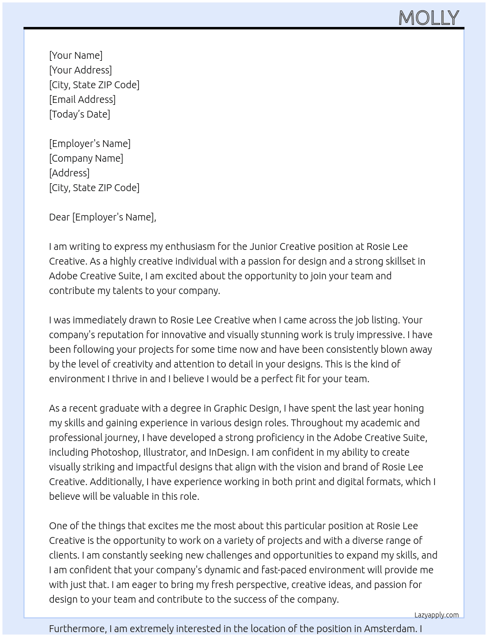 Junior Creative  At Rosie Lee Creative  Cover Letter