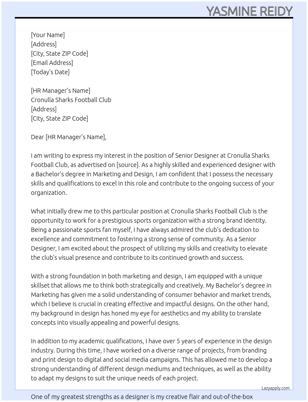 Senior Designer At Cronulla Sharks Football Club Cover Letter
