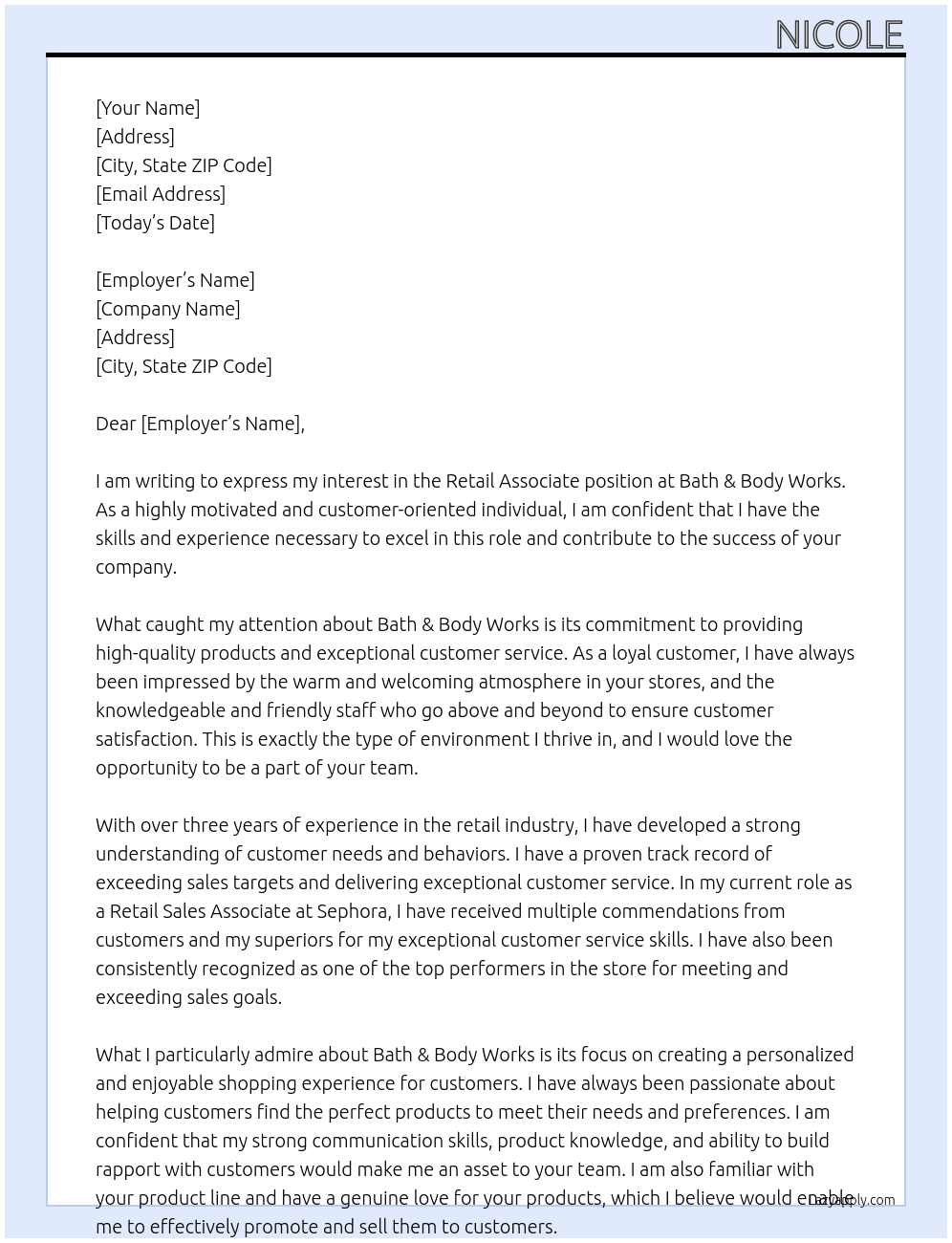 Retail Associate At Bath & Body Works  Cover Letter