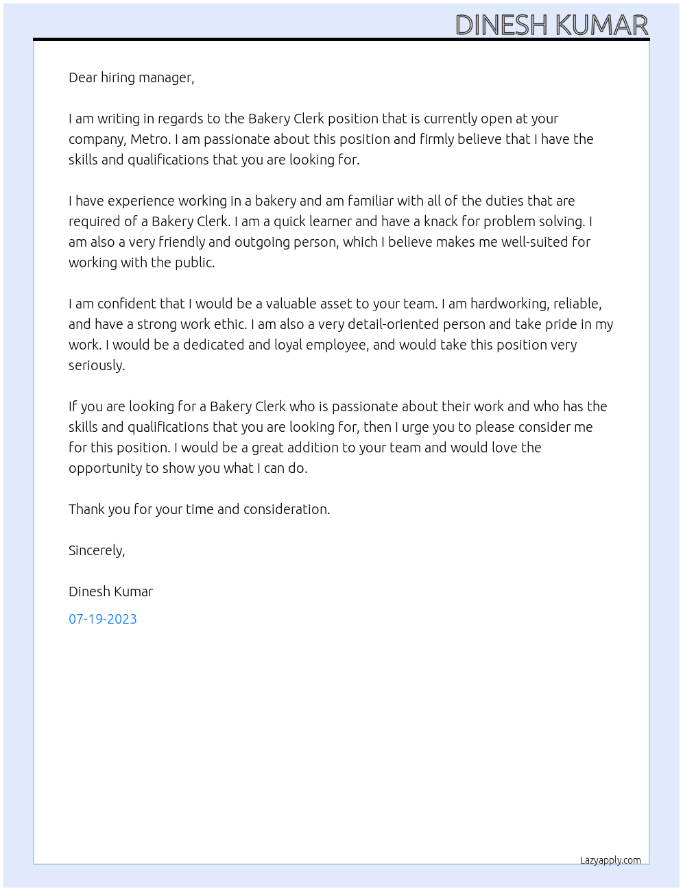 Bakery clerk part time At metro Cover Letter