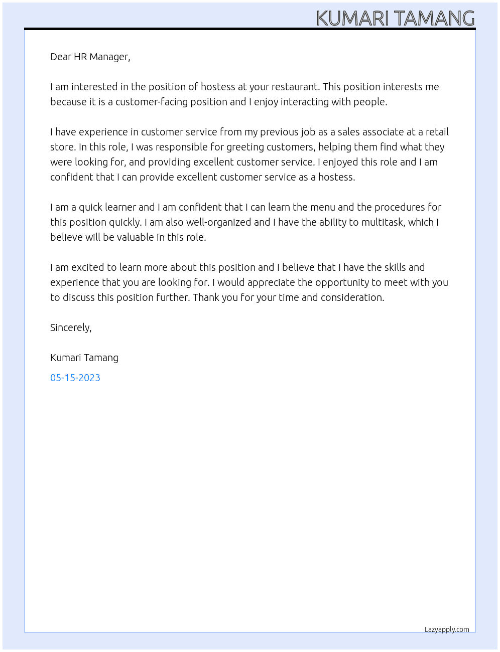 Hostess At Restaurant  Cover Letter