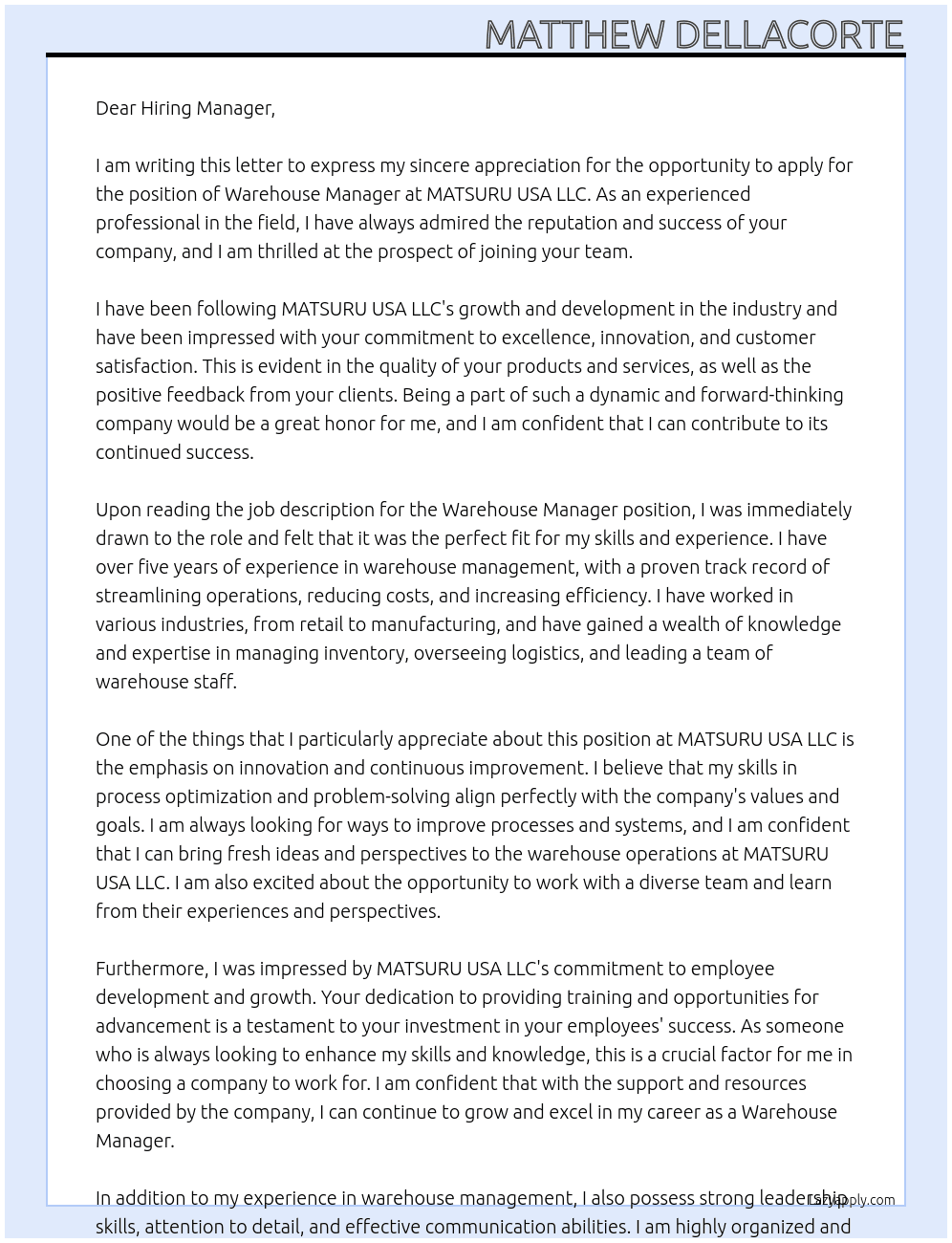 Warehouse Manager At MATSURU USA LLC Cover Letter