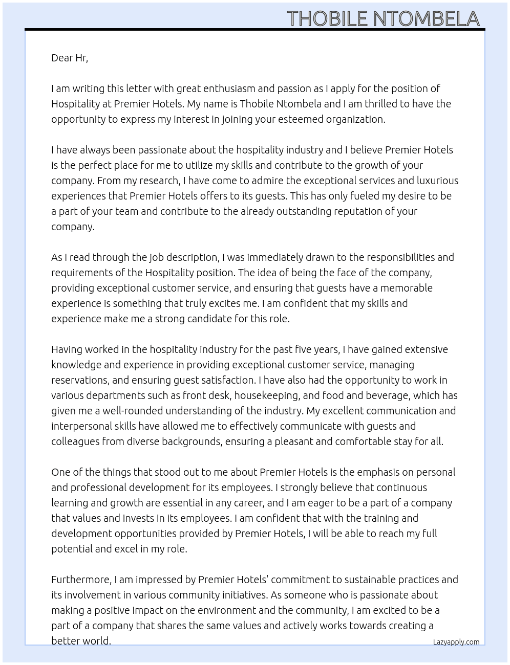 Hospitality  At Premier Hotels Cover Letter