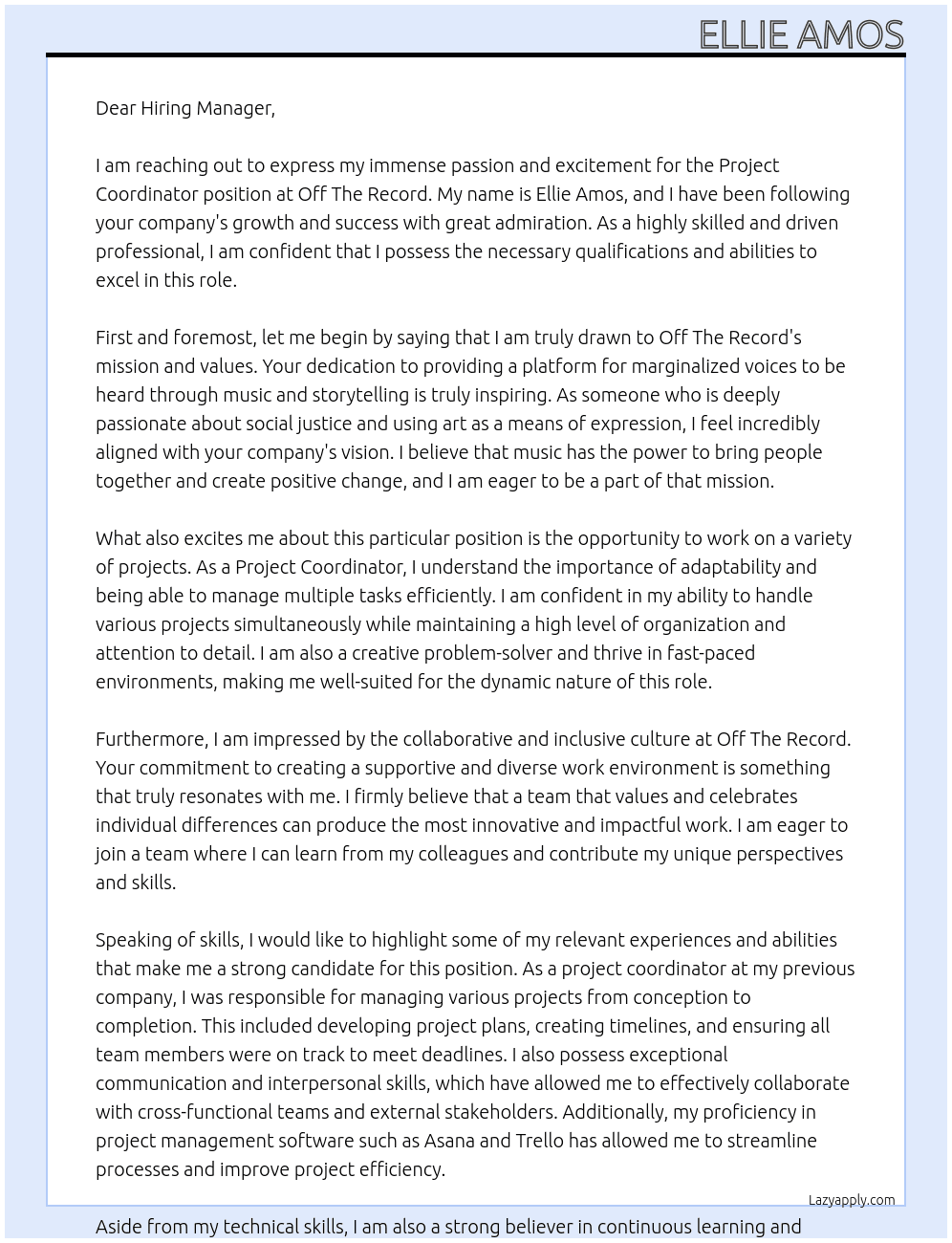 Project Coordinator At Off The Record Cover Letter