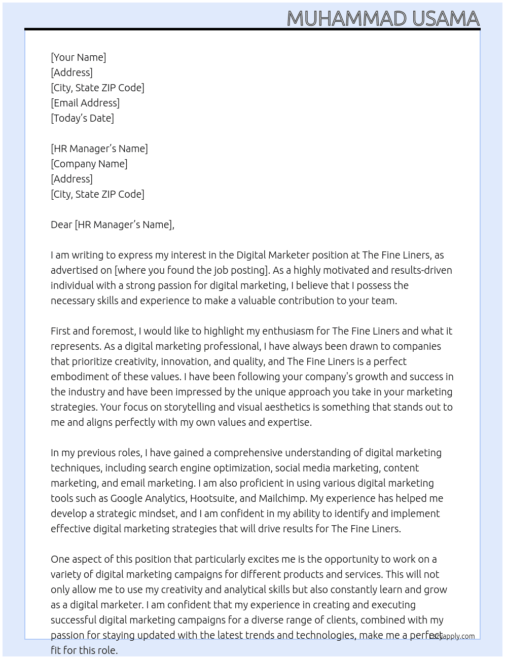 Digital Marketer At The Fine Liners Cover Letter