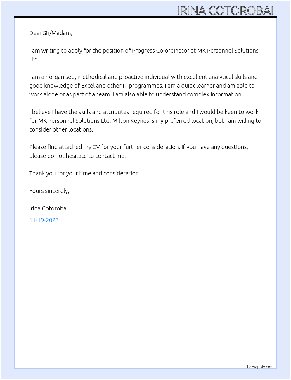 Progress co-ordinator  At MK Personnel Solutions Ltd Cover Letter