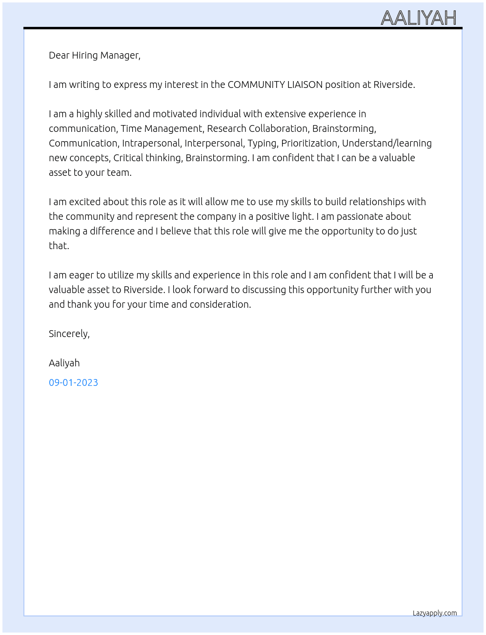COMMUNITY LIAISON At Riverside Cover Letter