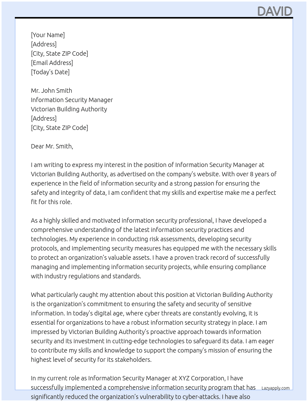 information security manager At Victorian Building Authority Cover Letter