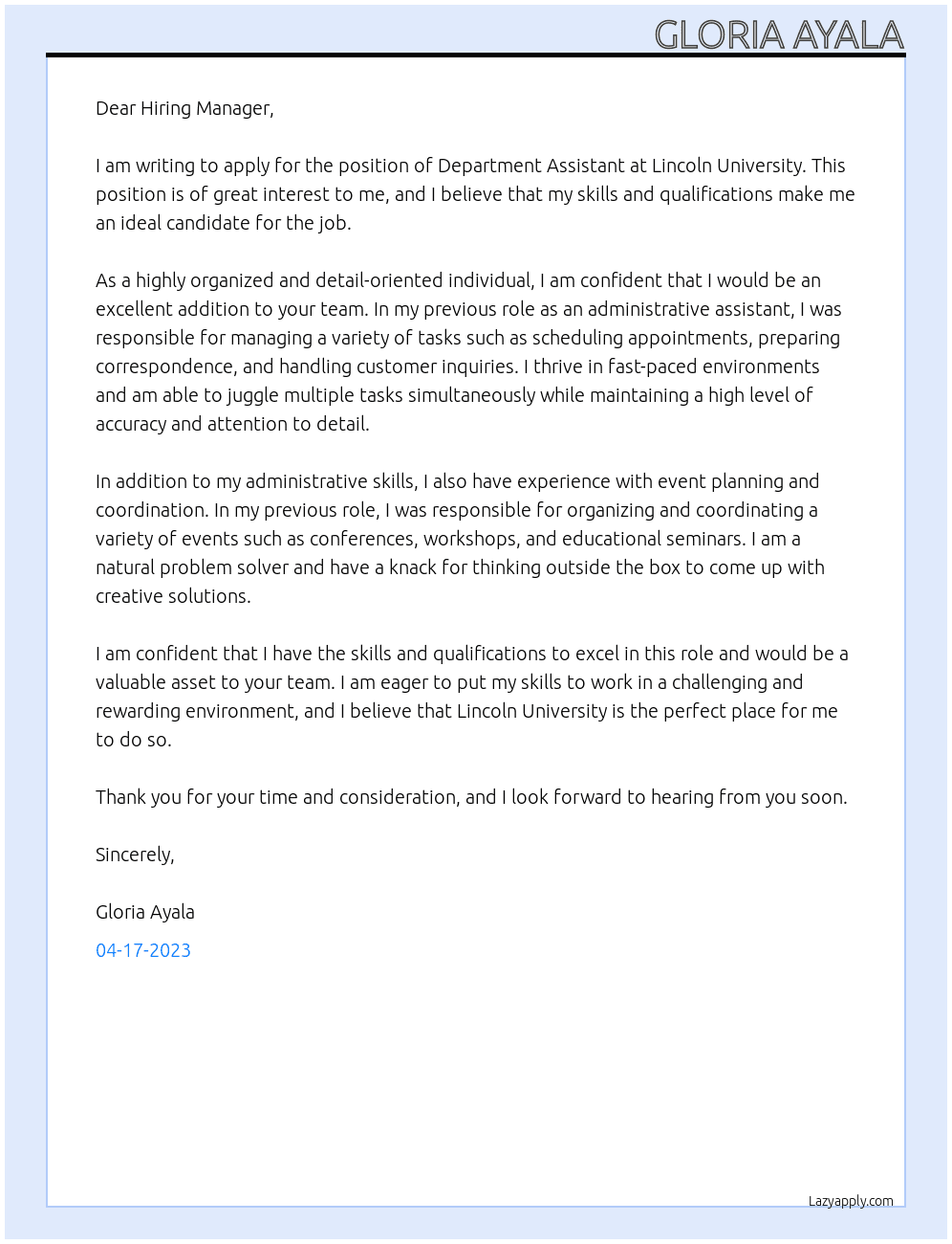 Department Assistant  At Lincoln University  Cover Letter