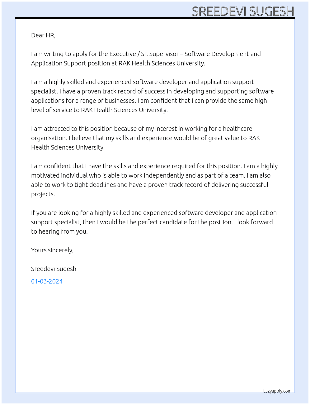 Executive / Sr. Supervisor – Software Development and Application Support At RAK Health Sciences University Cover Letter