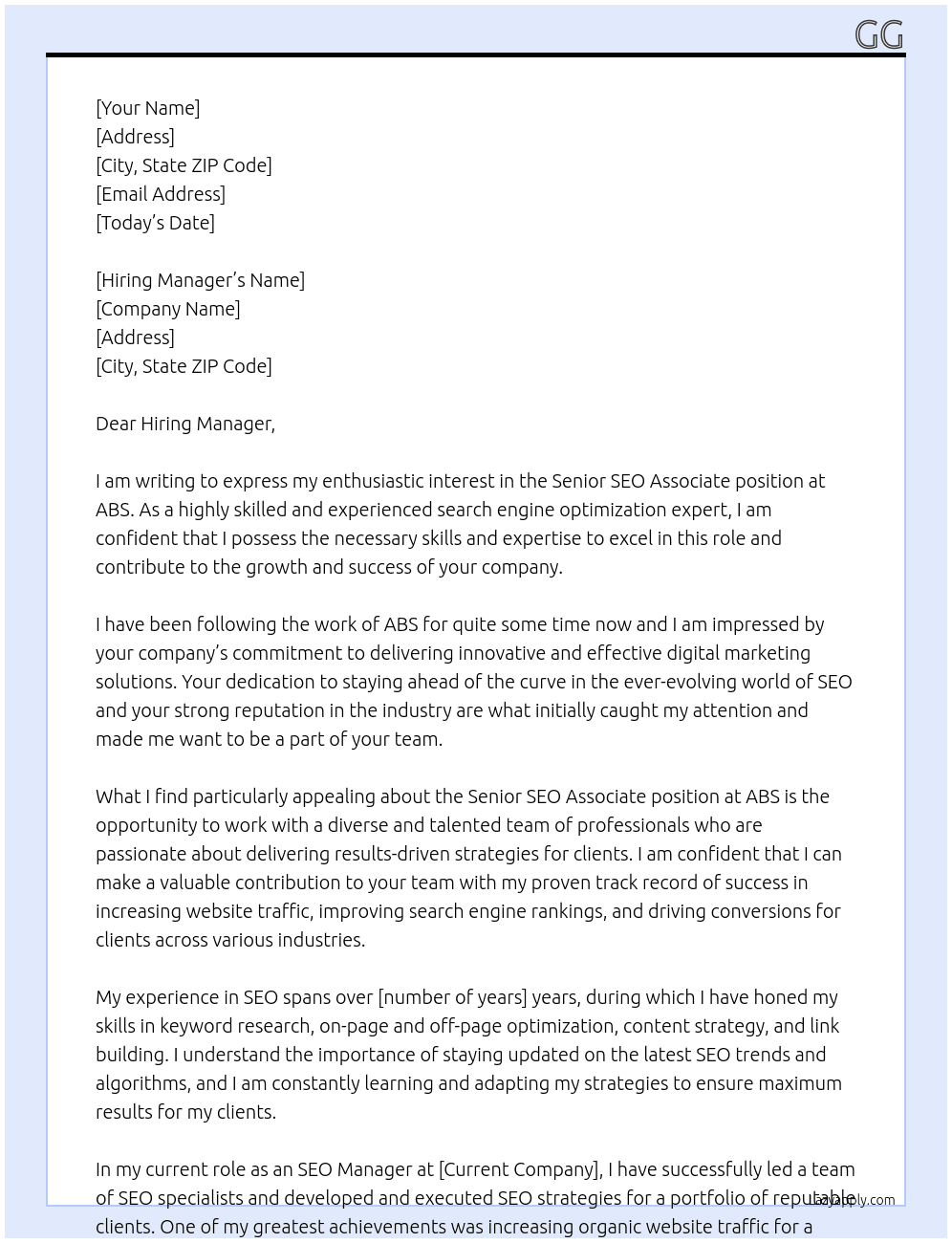 senior seo associate At ABS Cover Letter
