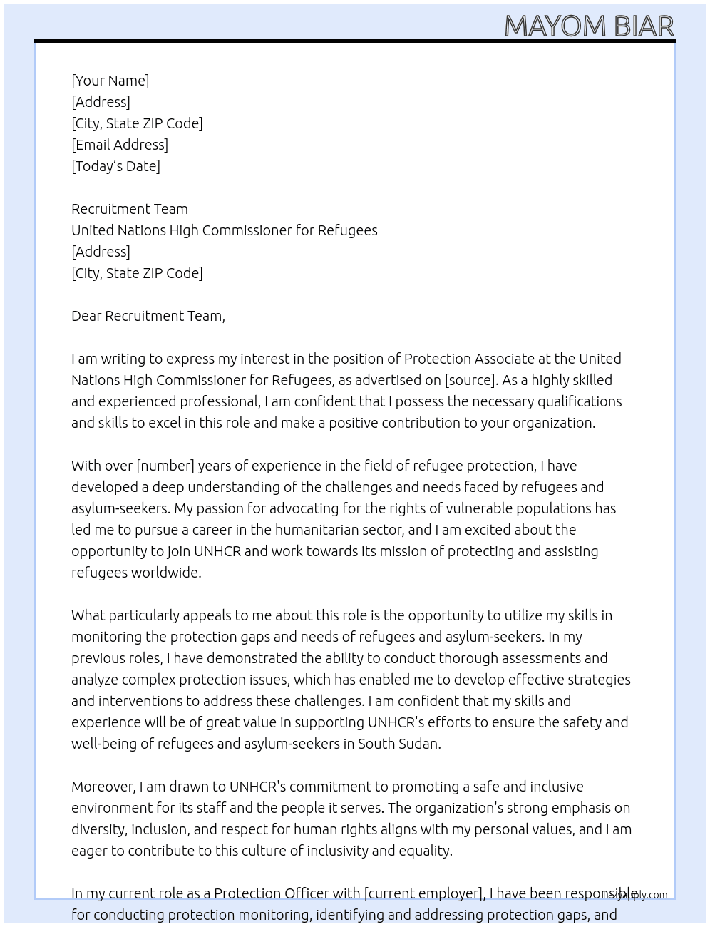 Protection Associate At United Nations High Commissioner for Refugee Cover Letter