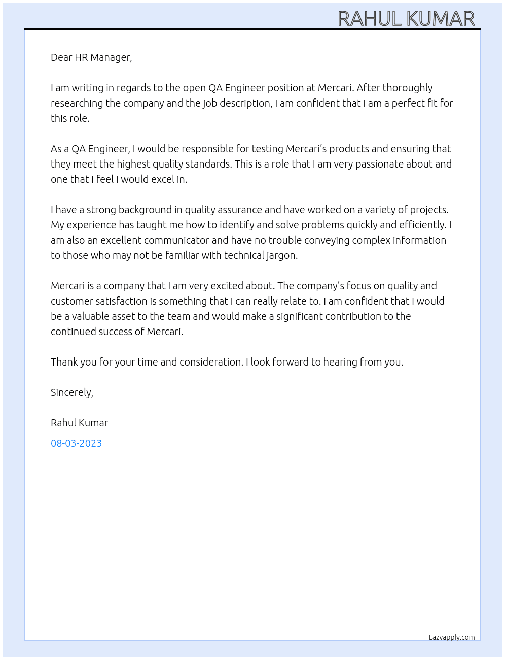 QA Engineer At Mercari  Cover Letter