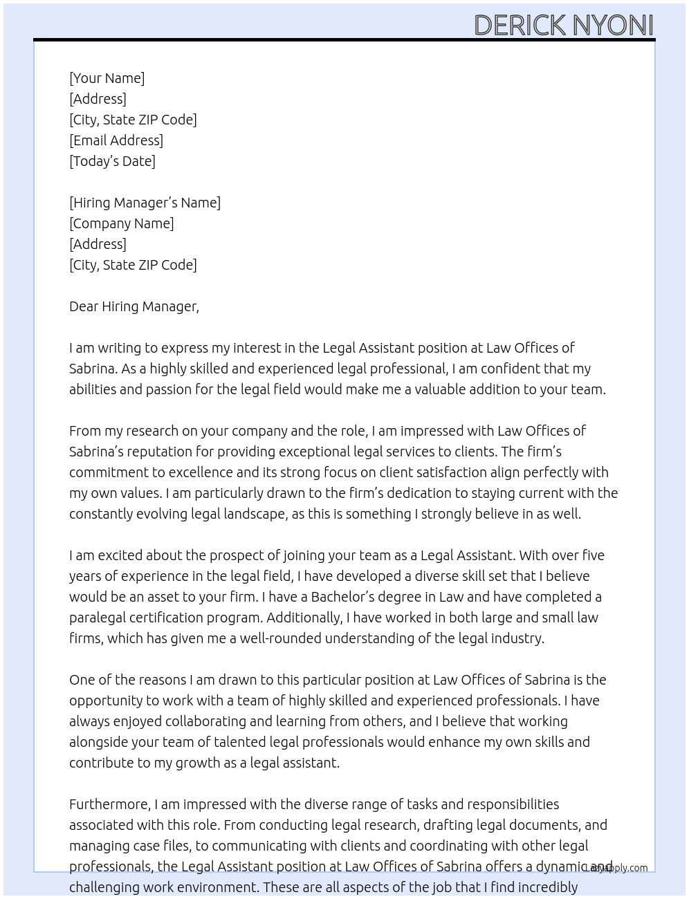 Legal Assistant At Law offices of Sabrina Cover Letter