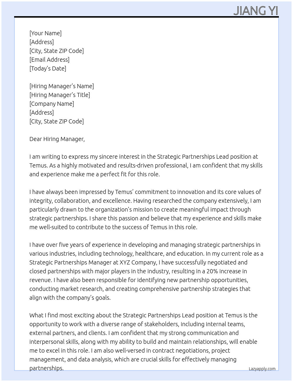 Strategic partnerships lead At Temus Cover Letter