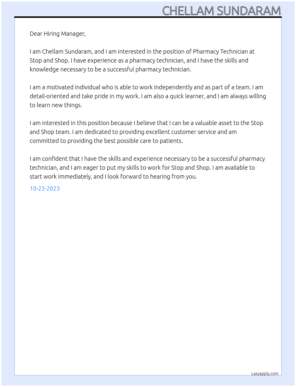 Pharmacy Technician At Stop and Shop Cover Letter