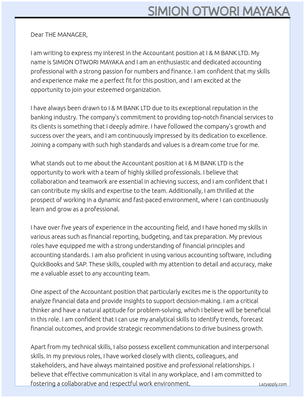 Accountant At I & M BANK LTD Cover Letter