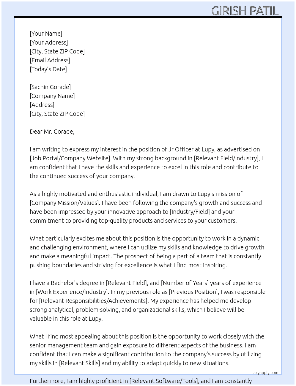 Jr officer  At Lupy Cover Letter