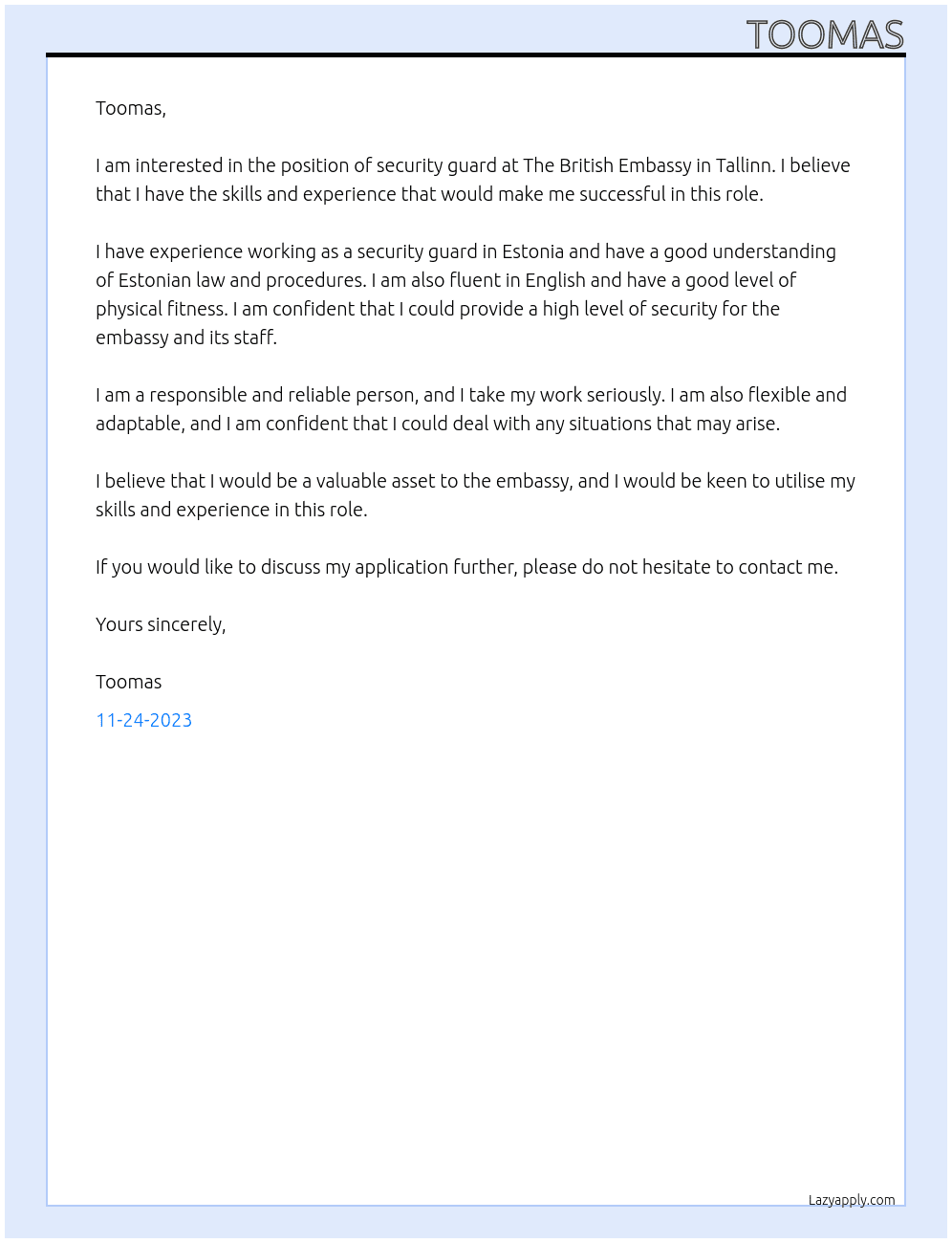 Security Guard At The British Embassy in Tallinn Cover Letter