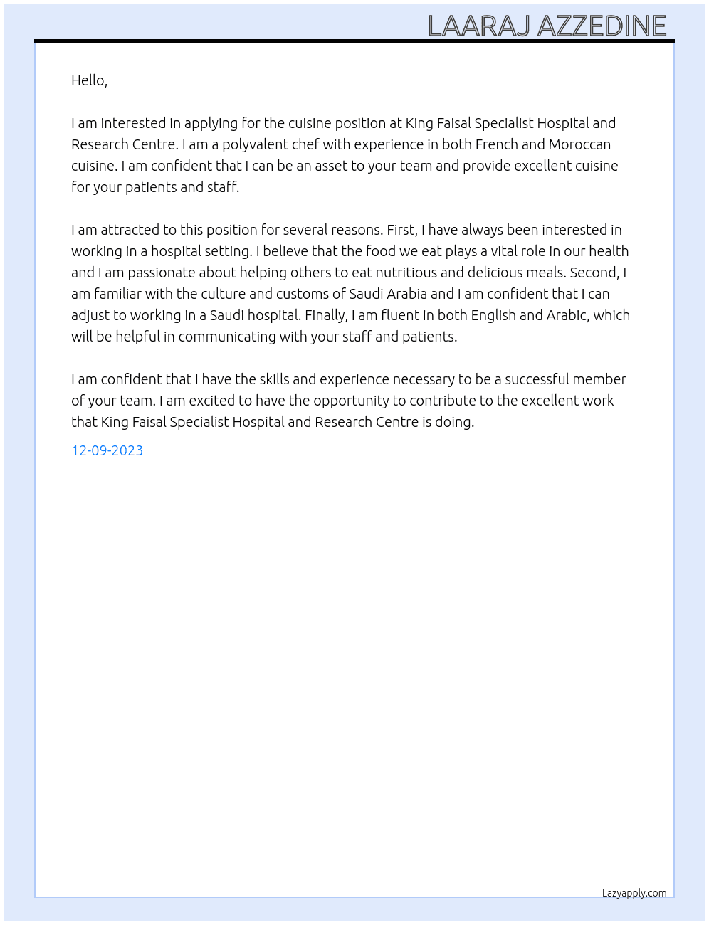 cuisine At King Faisal Specialist Hospital and Research Centre Cover Letter