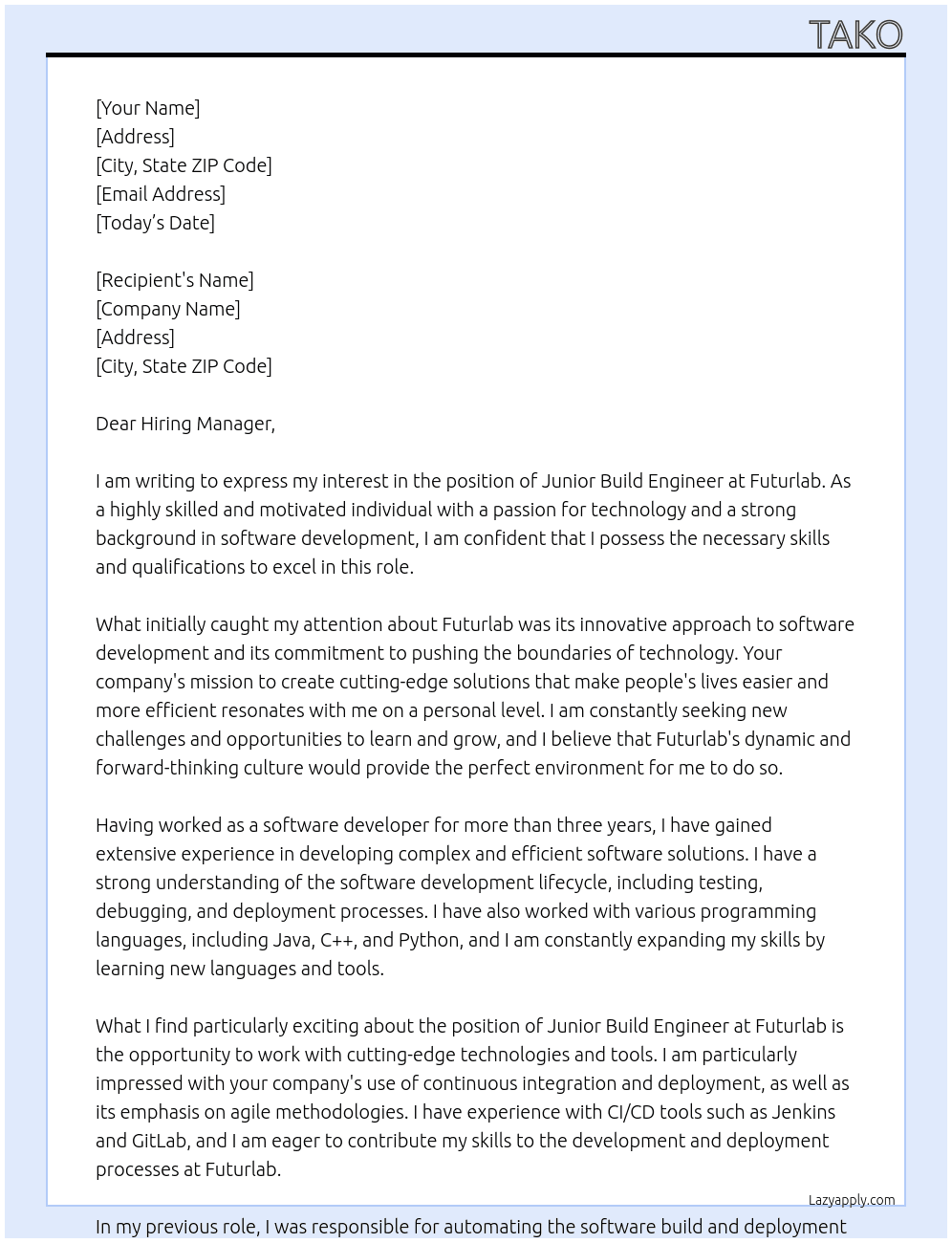 Junior Build Engineer At Futurlab Cover Letter