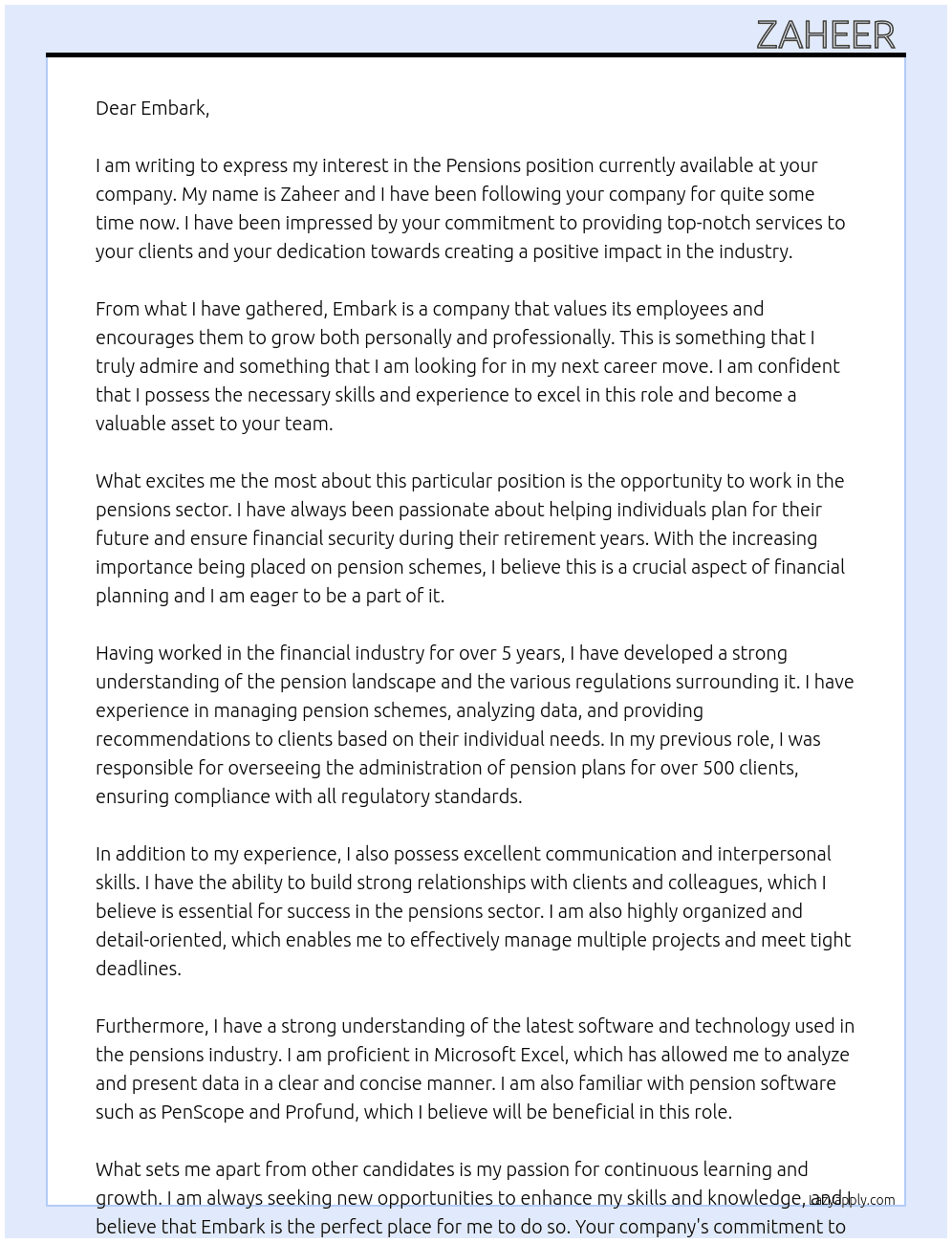 Pensions  At Embark Cover Letter