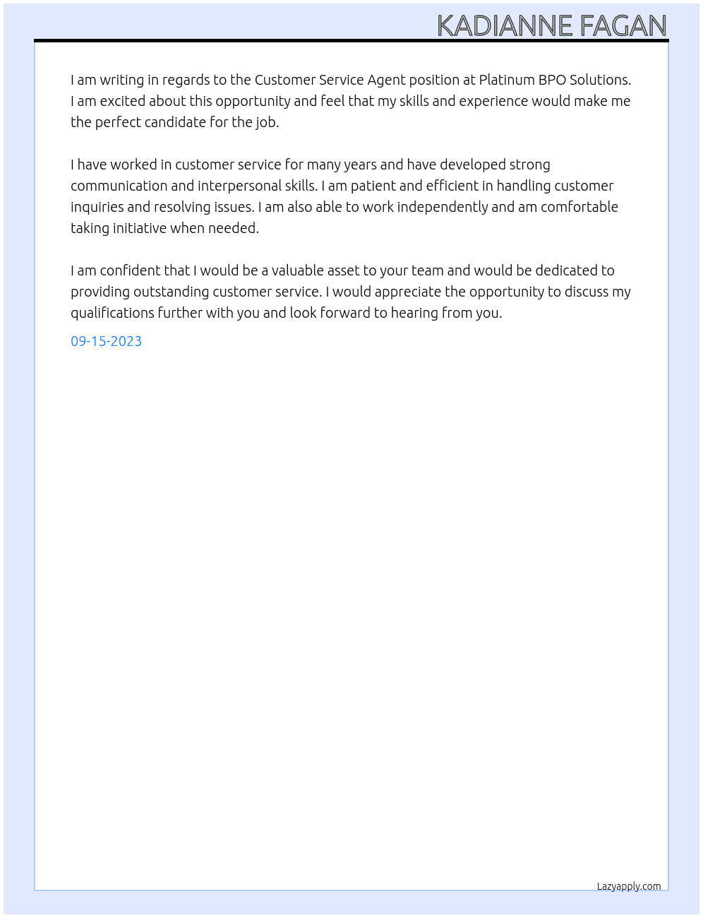 Customer Service Agent At Platinum BPO Solutions Cover Letter