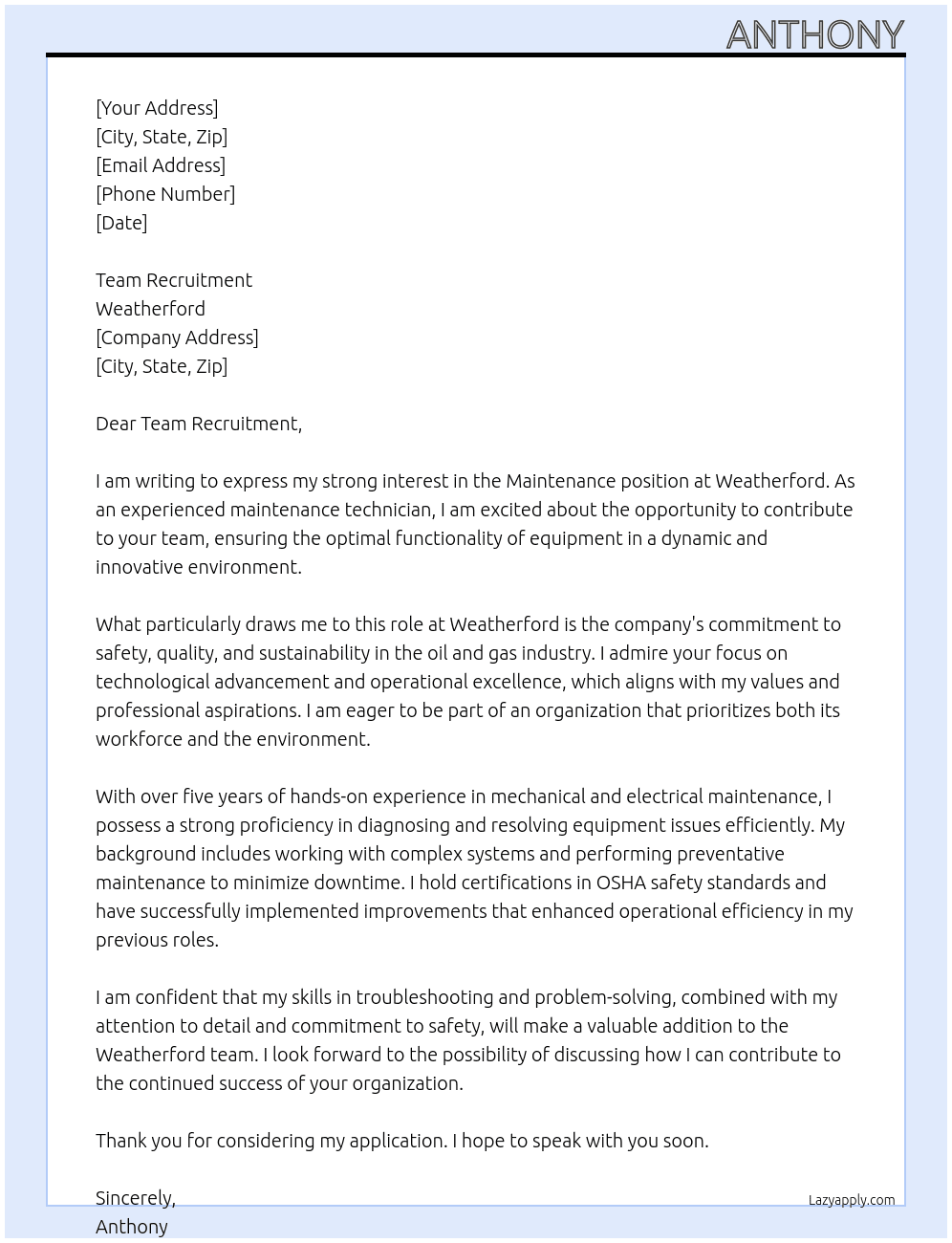 Maintenan At Weatherford Cover Letter