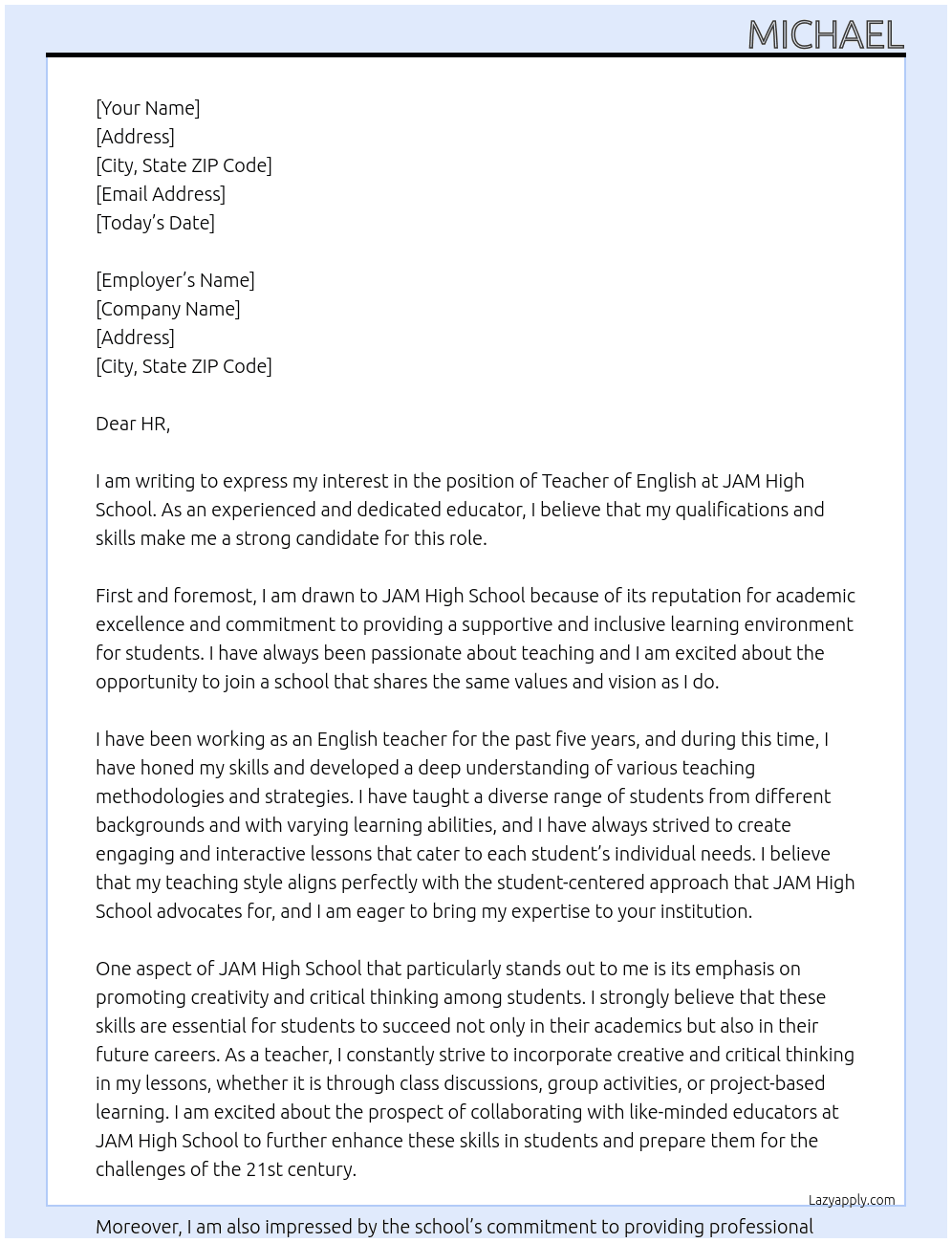 Teacher of English At jam High School Cover Letter