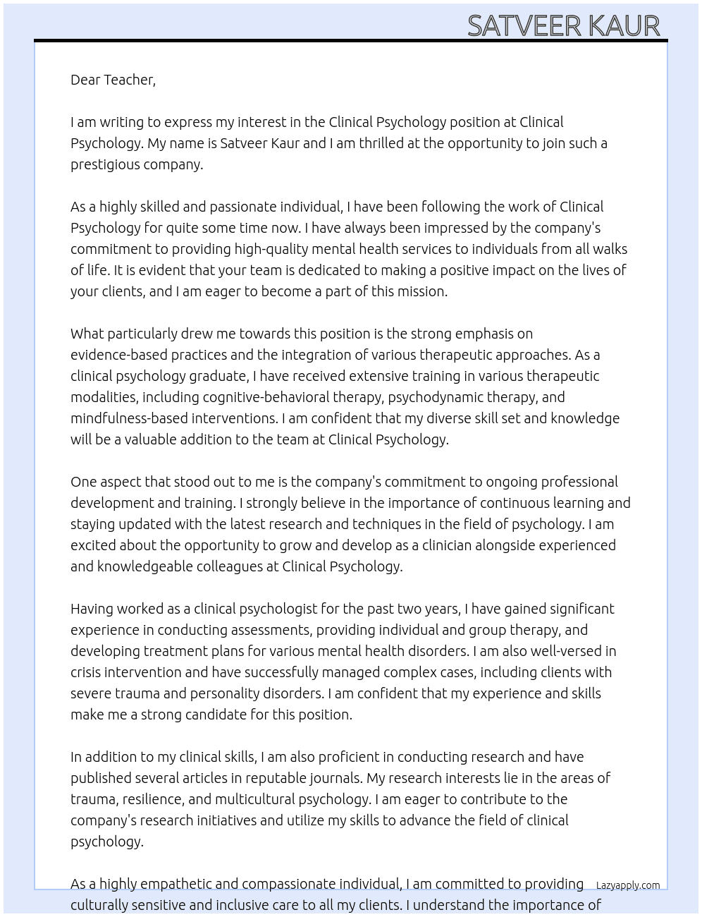 Clinical psychology  At Clinical psychology  Cover Letter