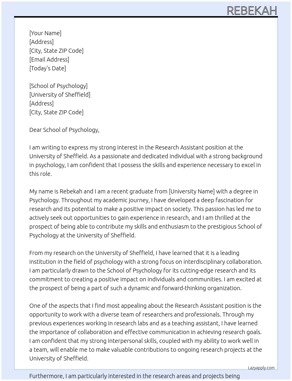 Research Assistant At University of Sheffield Cover Letter