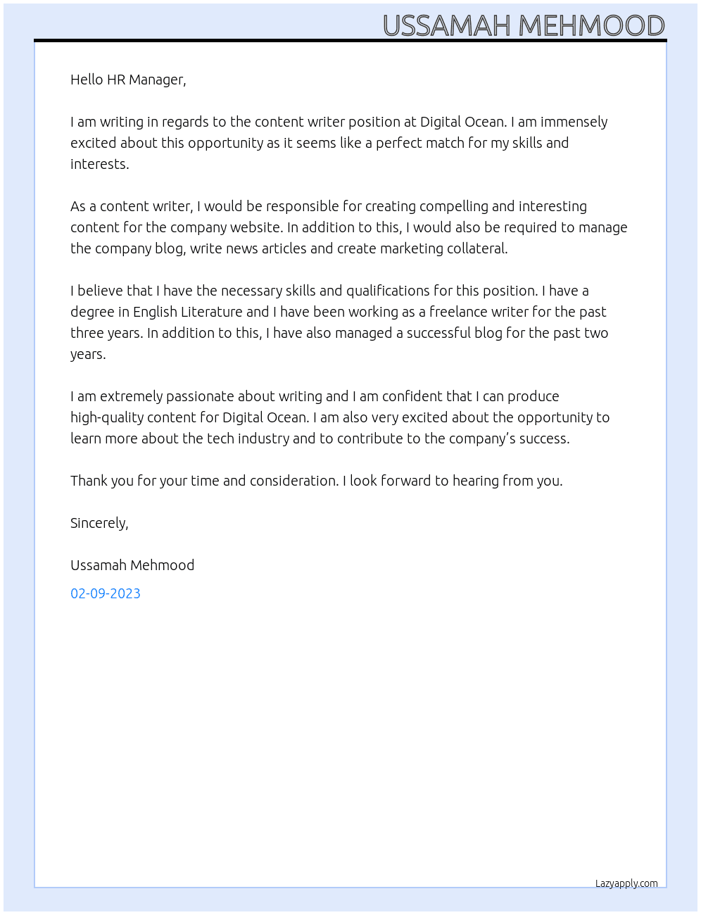 Content writer At Digital Ocean Cover Letter